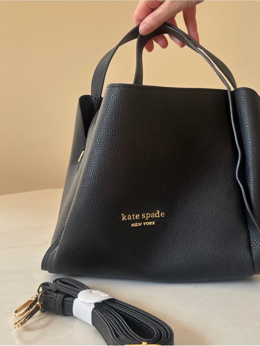 Kate Spade Black Pebbled Leather Satchel with Gold Logo